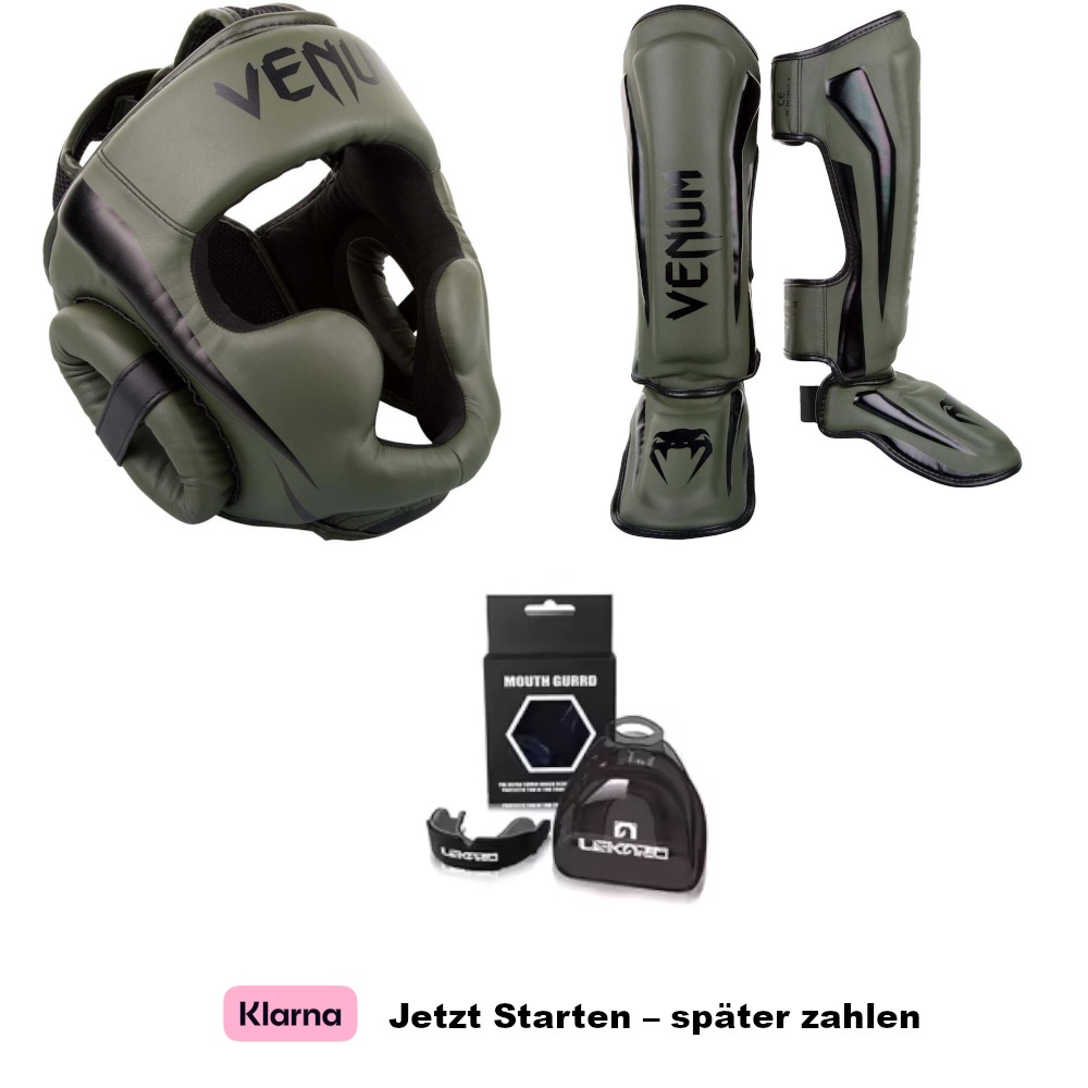 Venum Elite Pro Set - Kopfschutz, Schienbeinschutz + Mundschutz