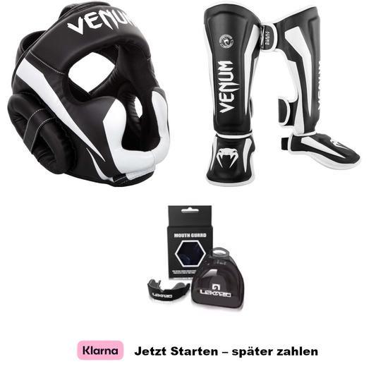 Venum Elite Pro Set - Kopfschutz, Schienbeinschutz + Mundschutz